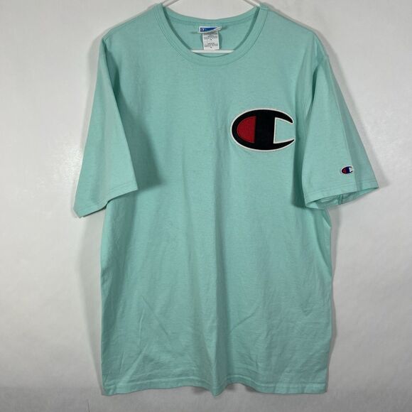 Champion T Shirt Mens Size XL Light Blue Big Patch Logo Short Sleeve EUC - Picture 1 of 11